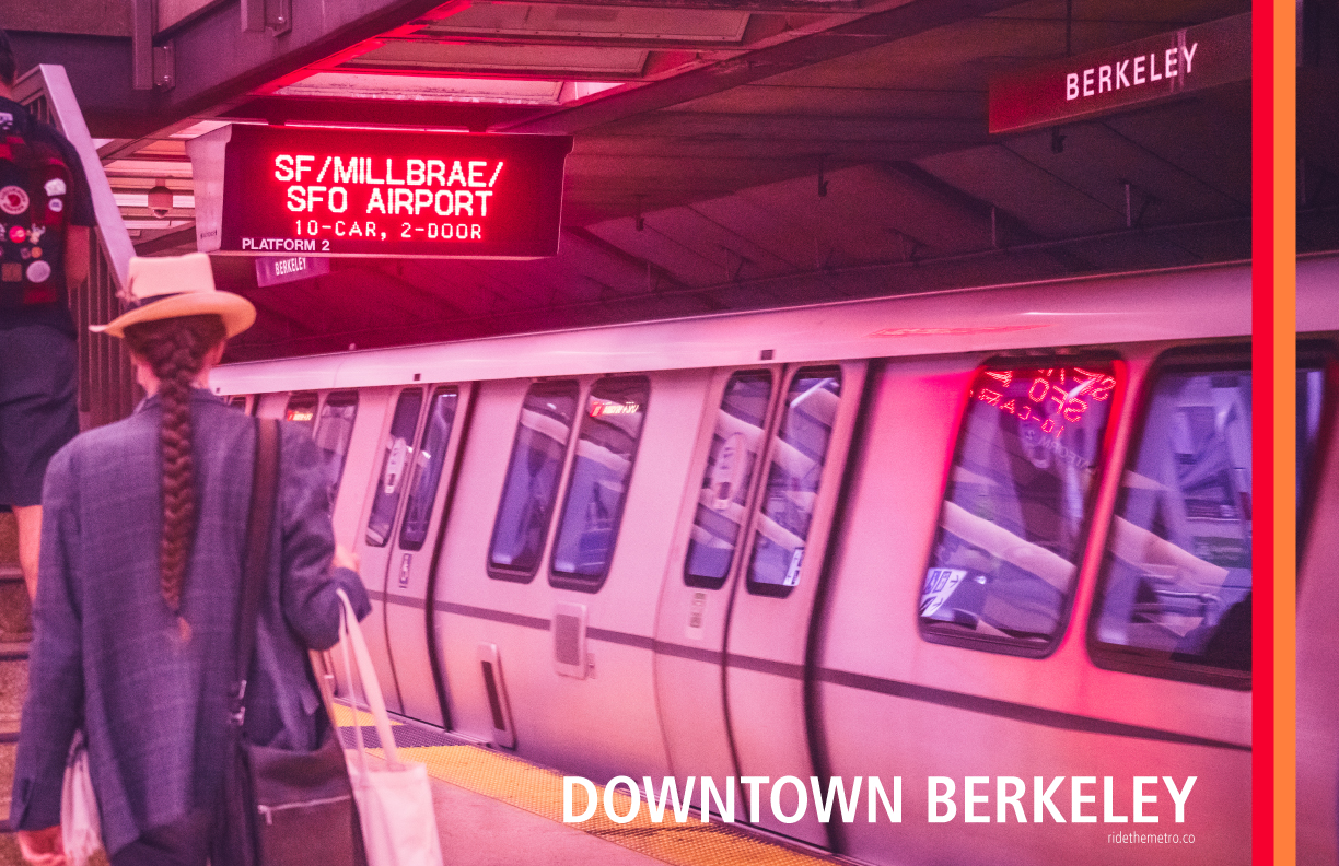 A photo poster design that says downtown Berkeley, with orange and red vertical lines overlaid. The photo shows a fleet of the future train at the underground station platform, cast in soft reddish pink light from the overhead signs. The train windows appear a cool blue. There is a tall man with braided hair in the foreground walking towards the stairs to the left, wearing a similarly blue coat and a tan hat.